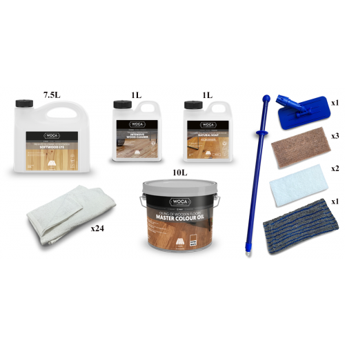 Kit Saving: DC002 (e) Woca Softwood Lye & Woca Master Colour Oil 118 extra white floor, Work by hand 56 to 75m2    (DC)